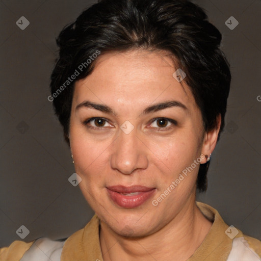 Joyful white adult female with short  brown hair and brown eyes