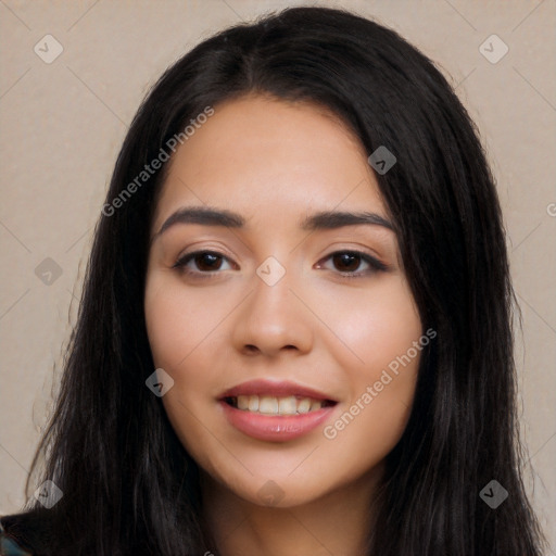 Joyful white young-adult female with long  black hair and brown eyes