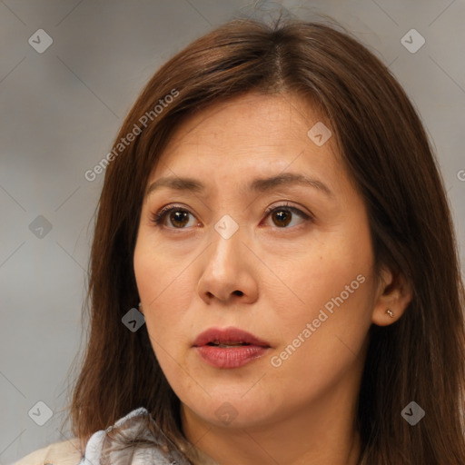 Neutral white young-adult female with medium  brown hair and brown eyes