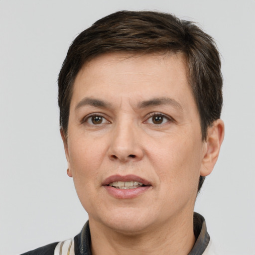 Joyful white adult female with short  brown hair and brown eyes