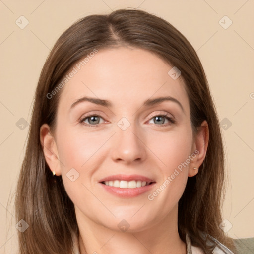 Joyful white young-adult female with medium  brown hair and grey eyes