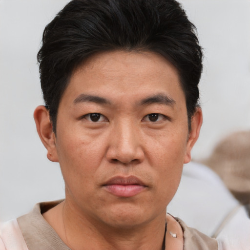 Neutral asian young-adult male with short  black hair and brown eyes