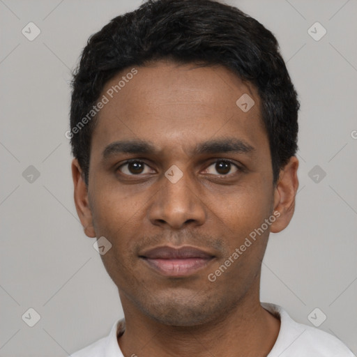 Neutral black young-adult male with short  black hair and brown eyes