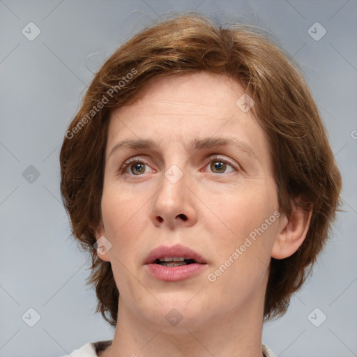 Neutral white adult female with medium  brown hair and brown eyes