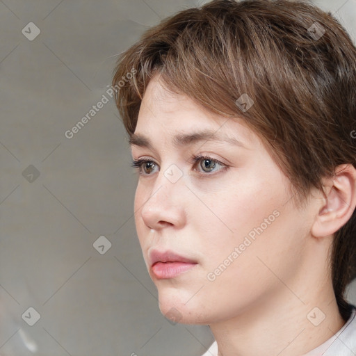 Neutral white young-adult female with medium  brown hair and brown eyes