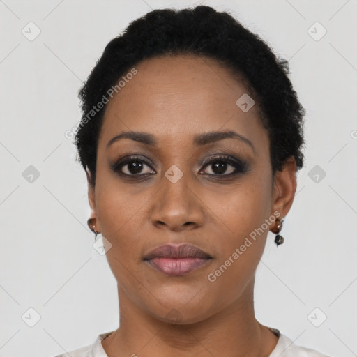 Neutral black young-adult female with short  black hair and brown eyes