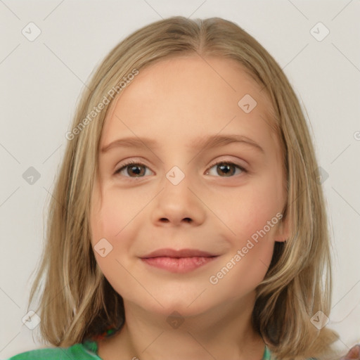 Joyful white child female with medium  brown hair and brown eyes