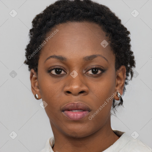 Neutral black young-adult female with short  black hair and brown eyes