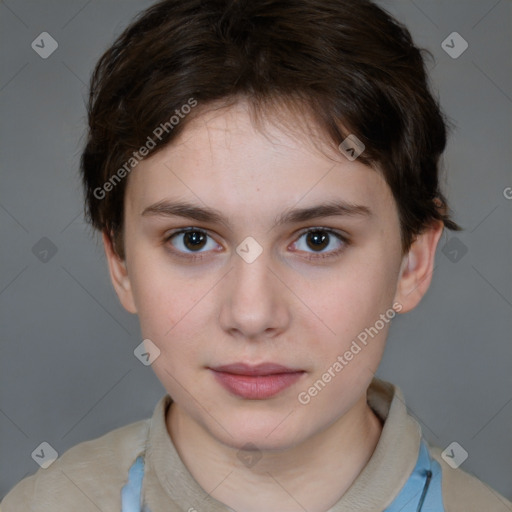 Neutral white young-adult female with short  brown hair and brown eyes