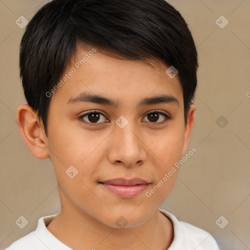 Joyful latino young-adult male with short  brown hair and brown eyes