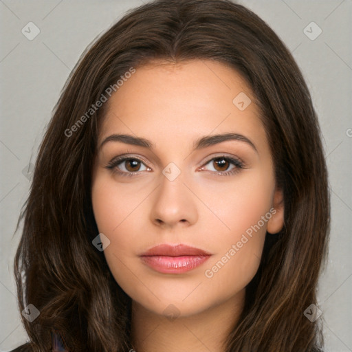 Neutral white young-adult female with long  brown hair and brown eyes