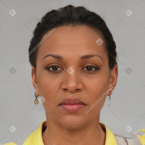 Joyful latino young-adult female with short  brown hair and brown eyes