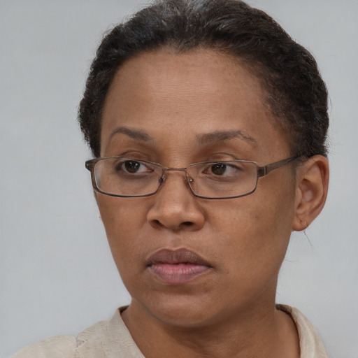 Neutral latino adult female with short  brown hair and brown eyes