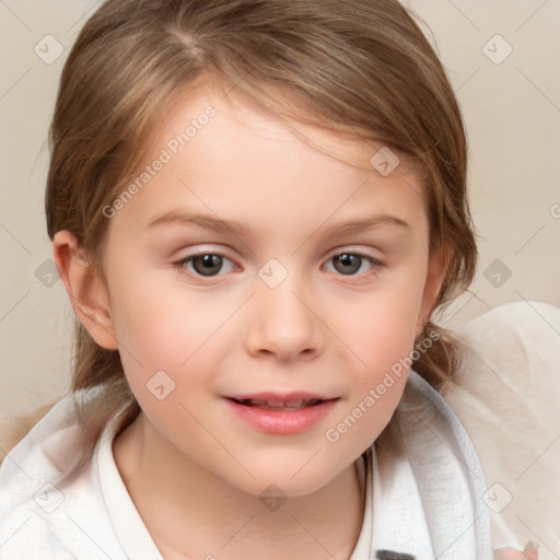 Joyful white child female with medium  brown hair and brown eyes