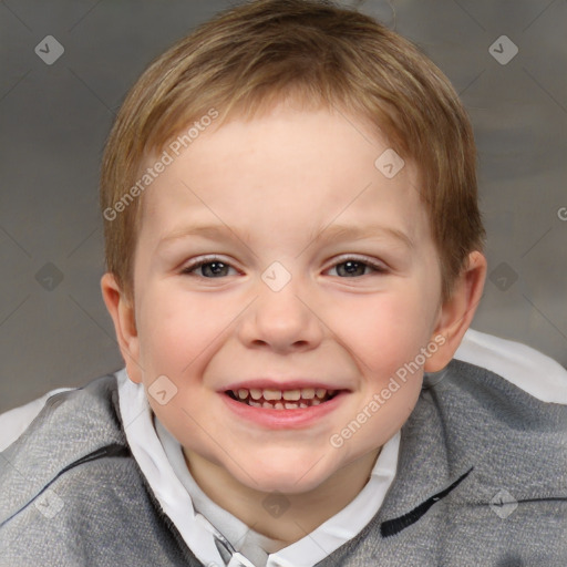 Joyful white child female with short  brown hair and brown eyes