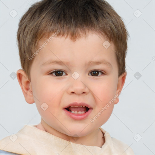 Joyful white child male with short  brown hair and brown eyes