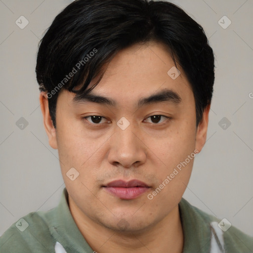 Joyful asian young-adult male with short  black hair and brown eyes