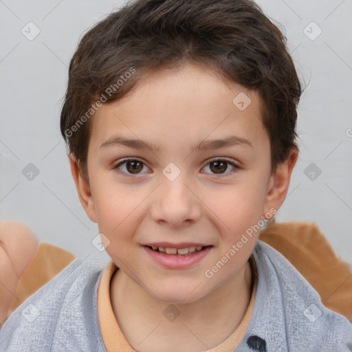 Joyful white child female with short  brown hair and brown eyes