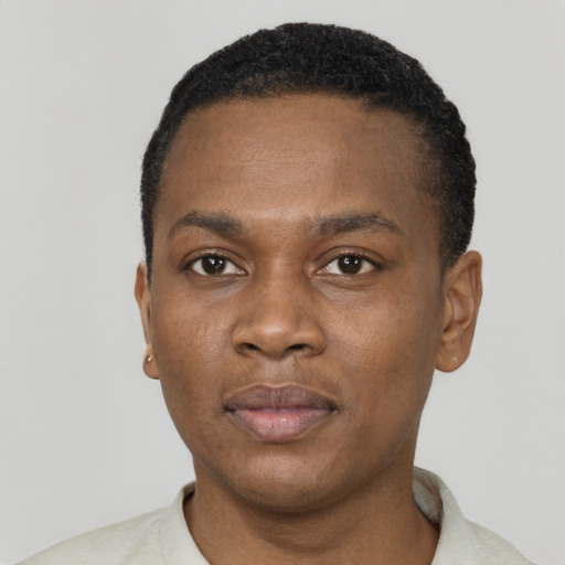 Neutral black adult male with short  black hair and brown eyes