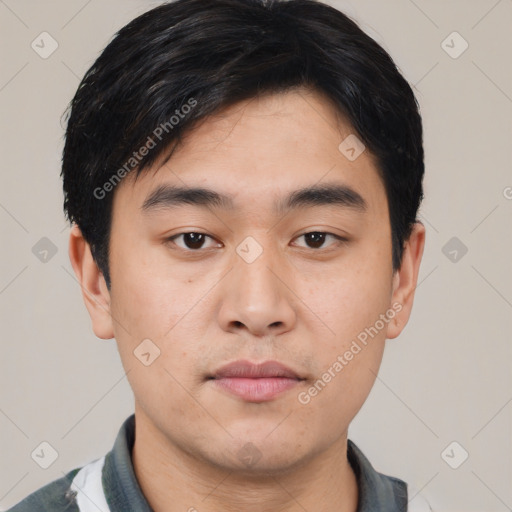 Neutral asian young-adult male with short  black hair and brown eyes