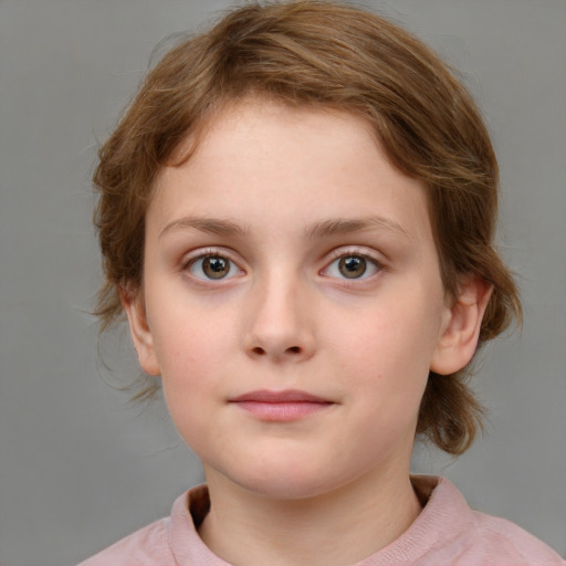 Neutral white child female with medium  brown hair and blue eyes