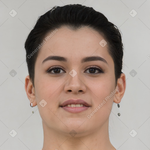 Joyful white young-adult female with short  brown hair and brown eyes