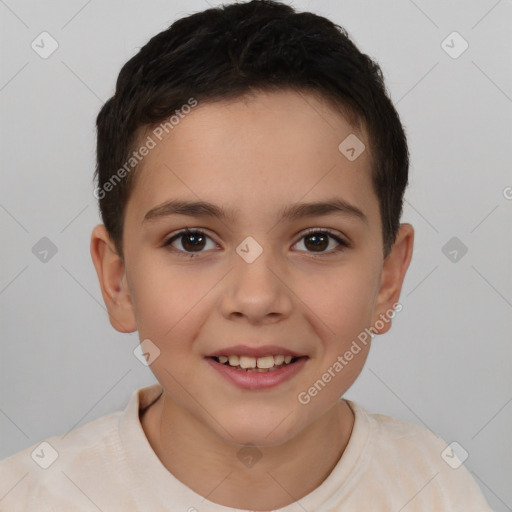 Joyful white child female with short  brown hair and brown eyes