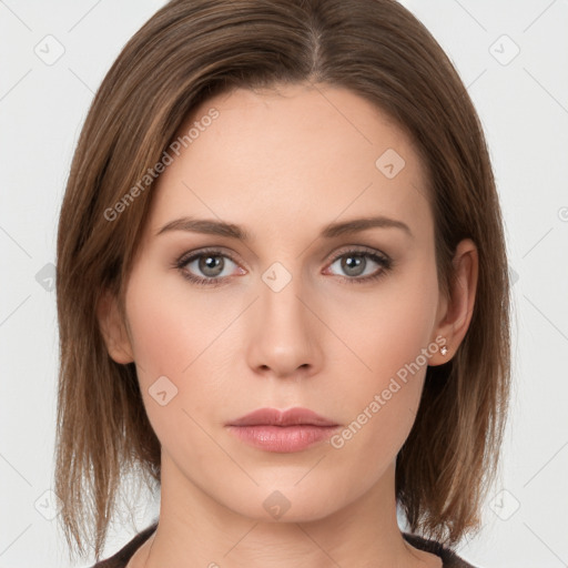 Neutral white young-adult female with medium  brown hair and grey eyes