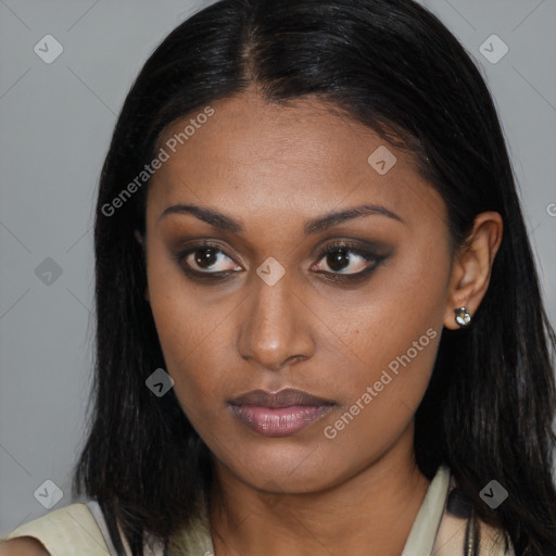 Neutral asian young-adult female with medium  brown hair and brown eyes