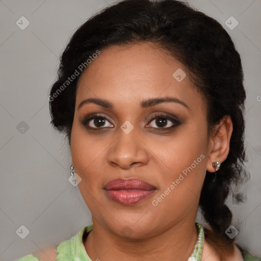 Joyful latino young-adult female with medium  brown hair and brown eyes