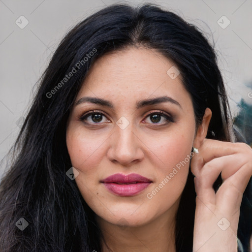 Joyful white young-adult female with long  brown hair and brown eyes