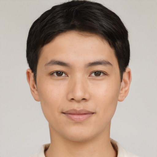Neutral asian young-adult male with short  brown hair and brown eyes