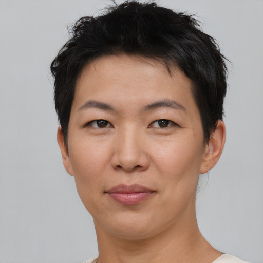 Joyful asian young-adult female with short  brown hair and brown eyes