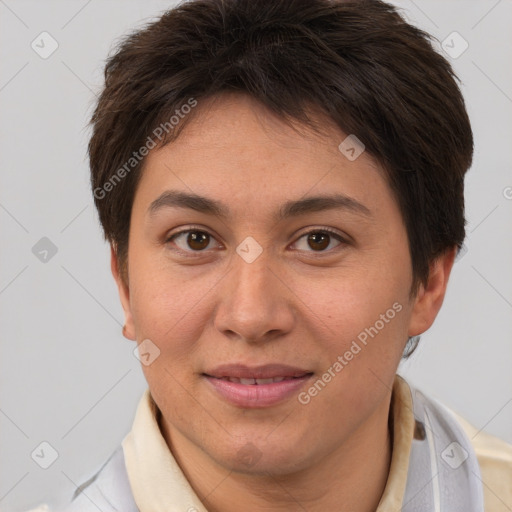 Joyful white young-adult female with short  brown hair and brown eyes