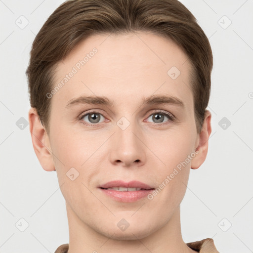 Joyful white young-adult female with short  brown hair and grey eyes