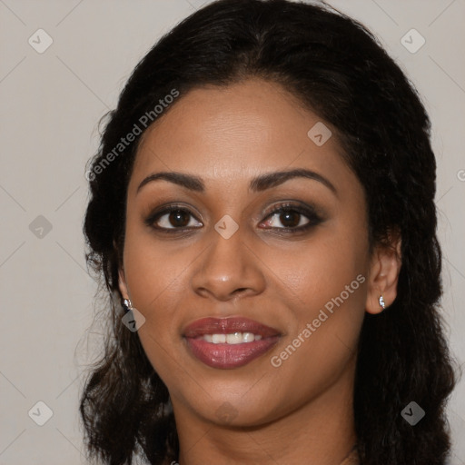 Joyful latino young-adult female with long  brown hair and brown eyes