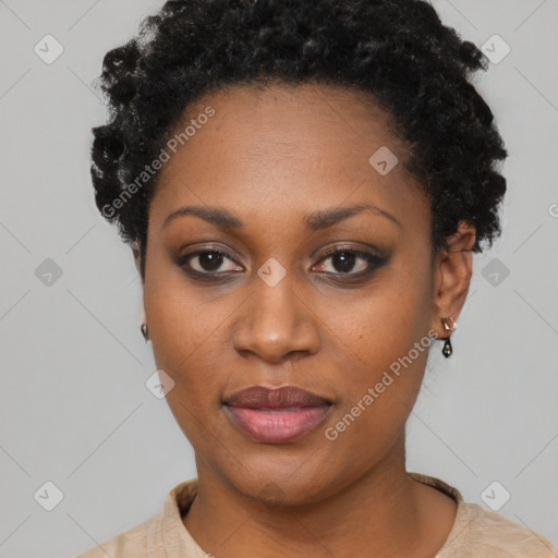 Neutral black young-adult female with short  black hair and brown eyes