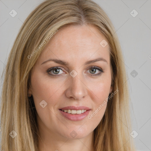 Joyful white young-adult female with long  brown hair and grey eyes