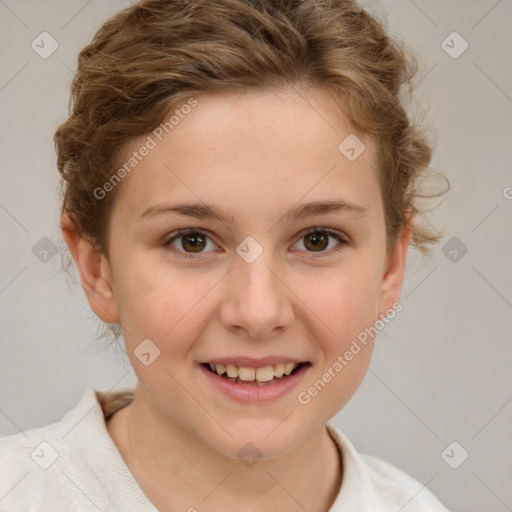 Joyful white child female with short  brown hair and brown eyes