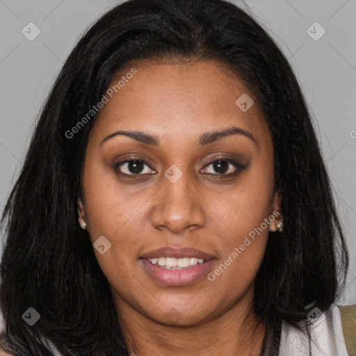 Joyful latino young-adult female with long  brown hair and brown eyes