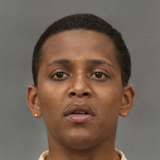Neutral black young-adult female with short  brown hair and brown eyes