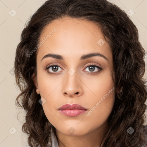 Neutral white young-adult female with long  brown hair and brown eyes