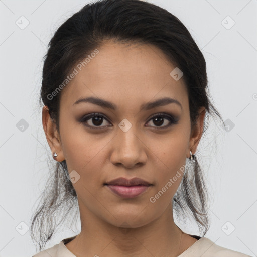 Joyful latino young-adult female with medium  brown hair and brown eyes