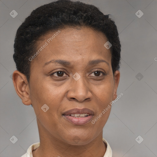 Joyful black adult female with short  brown hair and brown eyes