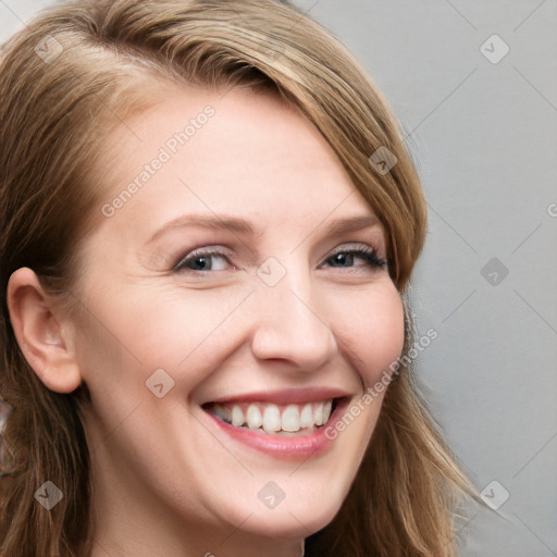 Joyful white young-adult female with long  brown hair and grey eyes