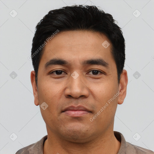 Neutral asian young-adult male with short  black hair and brown eyes