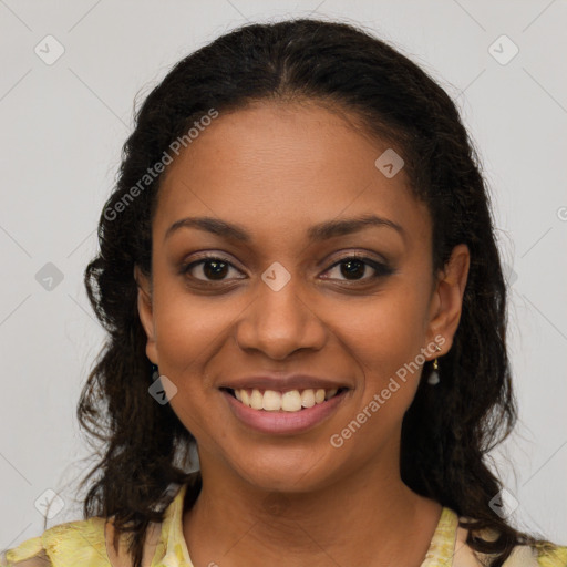 Joyful latino young-adult female with long  brown hair and brown eyes