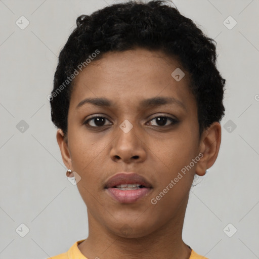 Neutral black young-adult female with short  brown hair and brown eyes