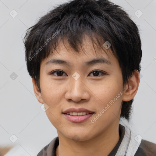Joyful asian young-adult female with short  brown hair and brown eyes