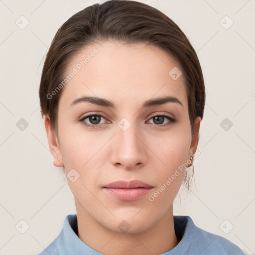 Neutral white young-adult female with short  brown hair and brown eyes